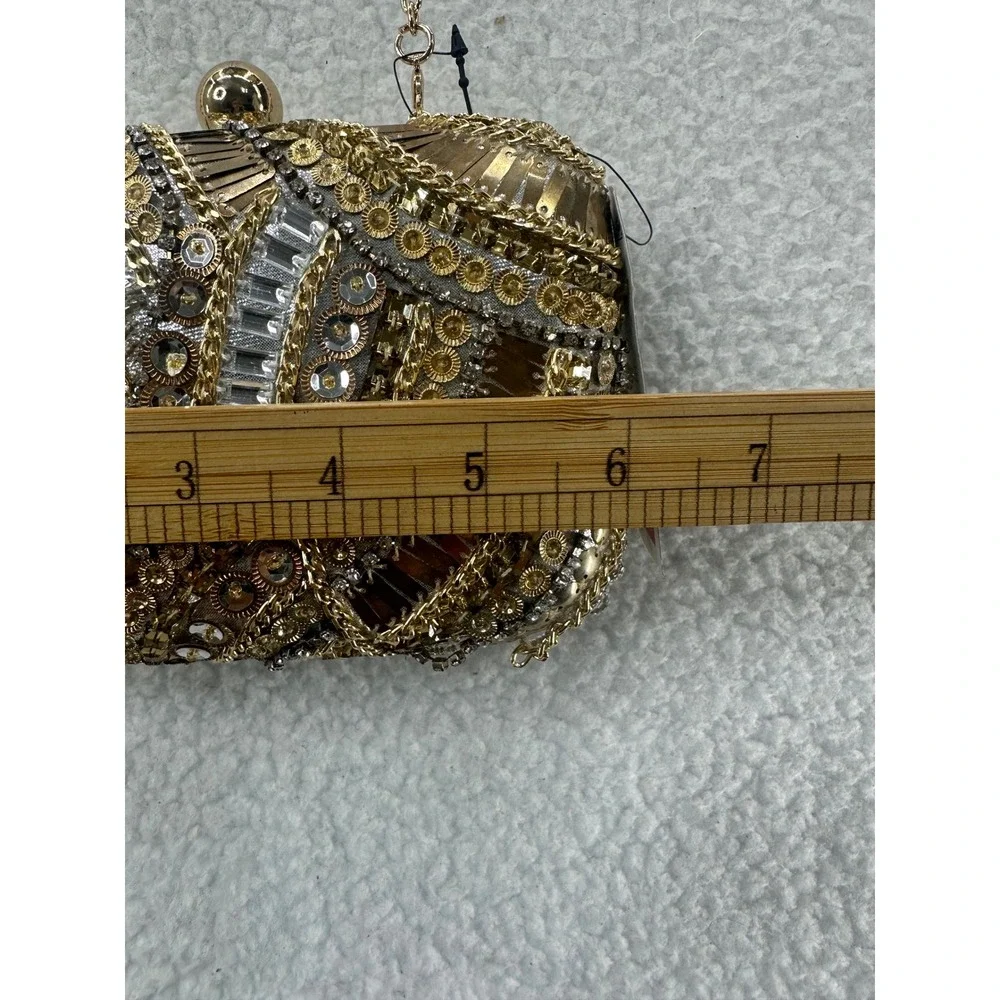 JOCELYN Embellished Gold Silver Beaded Clutch Evening Bag Chain‎ Strap INC